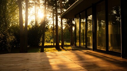 Fototapeta premium Serene modern home patio bathed in golden sunlight a peaceful escape from everyday life