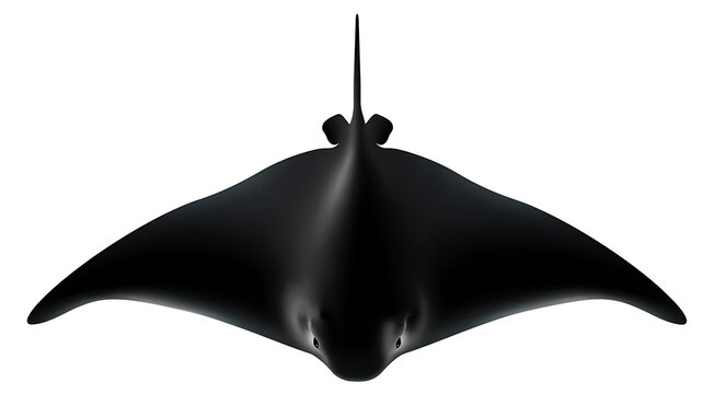 A black ray gracefully gliding in the ocean's depths. The creature's silhouette is striking against the water