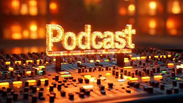 Podcast studio equipment with illuminated sign