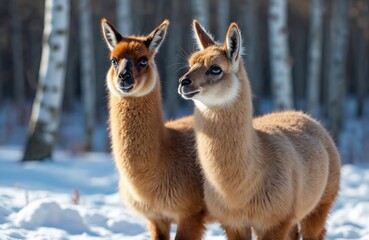 Fototapeta premium Two llamas stand in a snowy forest during winter. Their fluffy fur offers protection from cold. They look ahead curiously. Their coats are light brown.