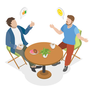 3D Isometric Flat Vector Illustration of People Enjoying Coffee Break, Cheerful Customers Enjoying Coffee At Cafe Seating Area. Item 2