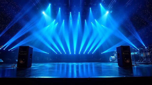 Empty stage with blue lights and speakers