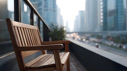 Fototapeta premium Wooden bench on a balcony overlooking a blurred city street with bokeh lights