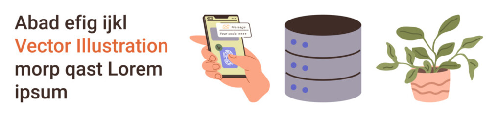 Technology, data management, security, digital communication, growth, user authentication. Hand holding a phone, server icon and potted plant. Technology and data management © robu_s