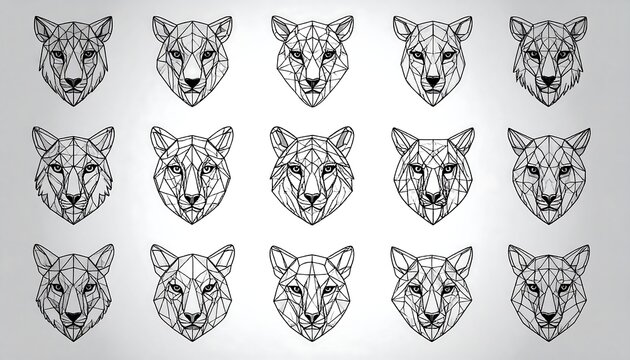 Polygonal feline heads arranged in a grid with geometric shapes on a gradiated background