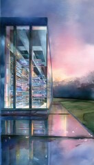 Futuristic cityscape watercolor blending tech innovation with a serene sunset landscape design