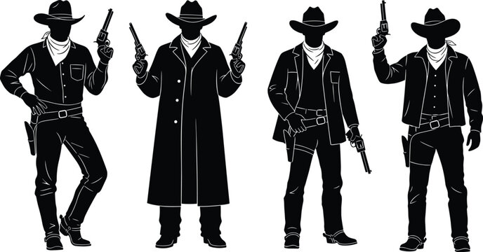 Silhouette set of wild west cowboy gunslingers holding revolvers, vintage outlaw characters wearing hats and coats isolated vector illustration