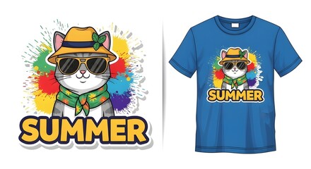 Obraz premium Cute Summer Cat Wearing Sunglasses T-Shirt Design Illustration