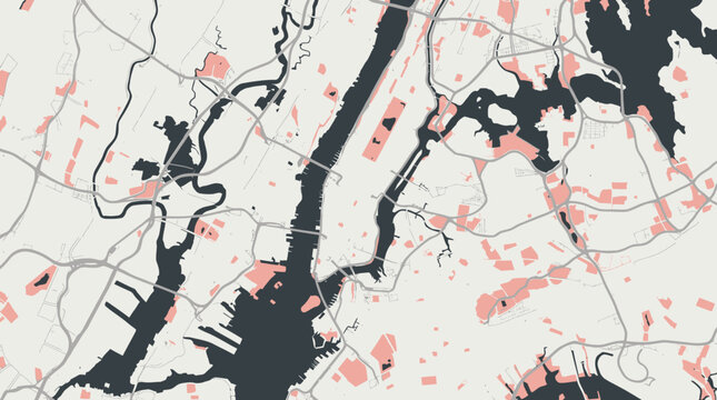 Minimalist Stylized Map of New York City with Manhattan and Brooklyn, Modern Urban Vector Illustration in Pink and Grey
