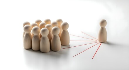 Obraz premium Employee Target Audience: Group of wooden figures targeted by red laser lines from a single leader, marketing segment, customer reach and leadership focus concept