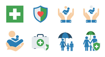 Fototapeta premium Health and Family Insurance Icon Set: Protection Care and Medical Assistance Symbols.