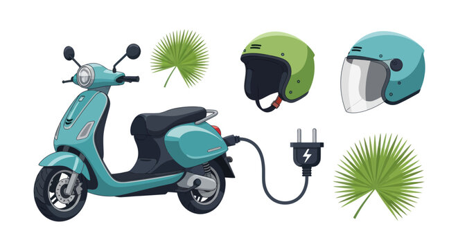Teal electric scooter charging with plug two helmets and tropical leaves for eco-friendly urban transport.