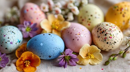 Obraz premium Close-up of Colorful Speckled Easter Eggs with Spring Flowers
