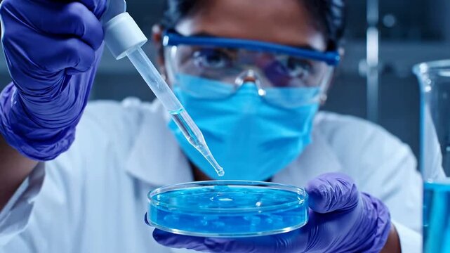Close up of liquid dripping from dropper into dish in laboratory or POV of liquid dripping from dropper into petri dish in lab
