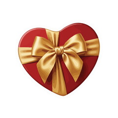 A luxurious heart-shaped gift box, vibrant red, elegantly tied with a shimmering golden bow and ribbon.