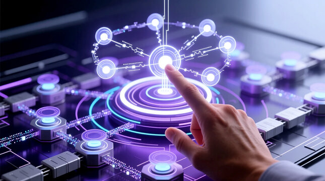 Human hand interacting with advanced holographic interface visualizing dynamic data network This concept shows efficient AI Workflow Automation and autonomous process orchestration