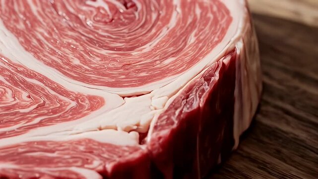 Macro shot of a marbled raw meat roll; pink muscle and white fat in swirling pattern