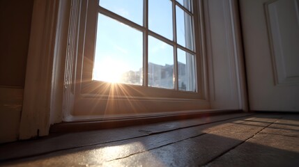 Fototapeta premium Dramatic sunlight streams through a window creating sunbeams and flare on a wooden floor