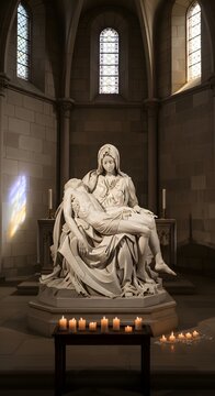 Pieta sculpture in a church. The sculpture is of Mary holding Jesus after the crucifixion. Candles in front of the statue provide soft lighting