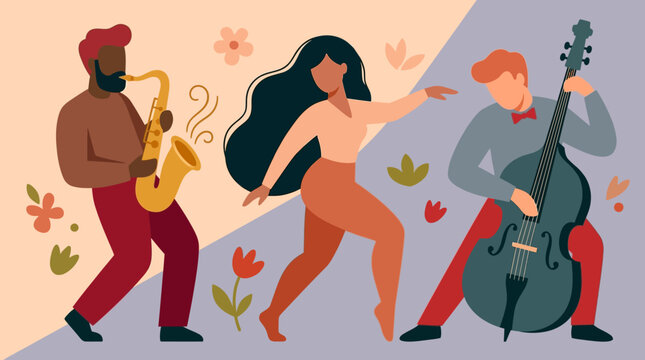 Jazz Music Trio Performance with Saxophone Player, Double Bass Musician and Dancer in Flat Vector Illustration Style