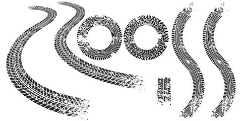 Seamless Tire Track Vector Set – Car Wheel Tread Marks and Black Tire Footprint Patterns Collection © maxalamin09