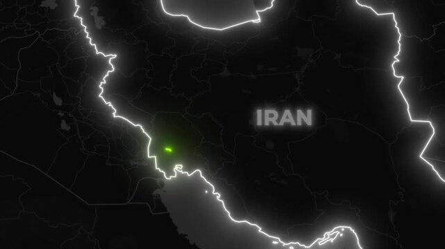 Iran Map Animation with Ahvaz City Foucused on Dark World Map