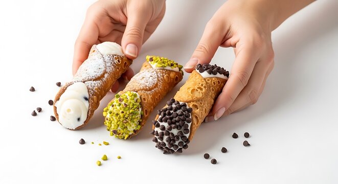 Hands holding Italian cannoli