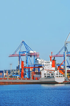 Bulk cargo ship under port crane