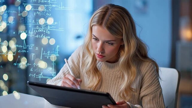 Woman using tablet with math equations