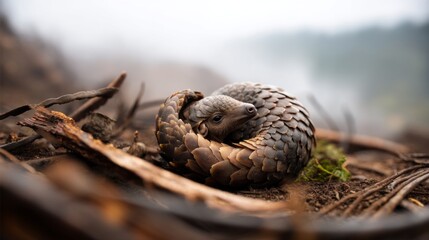 Obraz premium Pangolin Curled into Itself Surrounded by Nature Reserves and Foliage