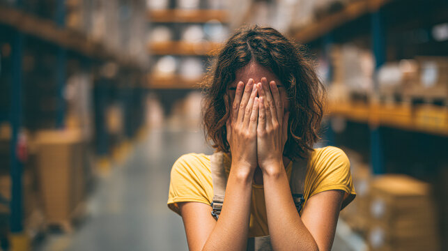 A woman in a warehouse covers her face with her hands, expressing stress or frustration amidst shelves filled with boxes.