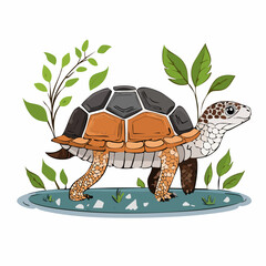 Tortoise Walking on Water with Leaves. © gacor20