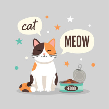 Cute Calico Cat Illustration with Meow Speech Bubble and Canned Food