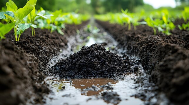 Close up of rich dark compost being spread along furrows in a lush green rice field with young plants growing in rows and water pooling between the soil ridges under natural daylight.