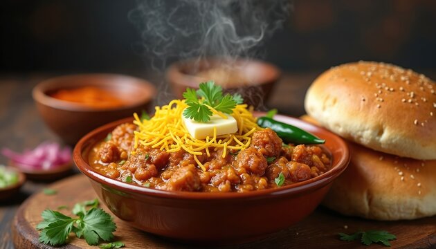 Steaming hot Misal Pav served in clay bowl. Spicy Indian street food with savory sprouts curry topped with sev, butter, cilantro. Bun, chili pepper garnishes.
