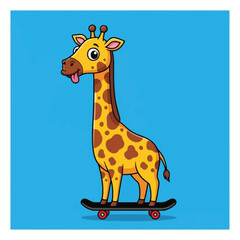 Obraz premium Cute Cartoon Giraffe Standing and Riding a Skateboard with Happy Expression on Blue Background