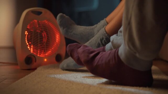 A man and woman cuddle on the sofa, enjoying a peaceful winter evening at home, their feet snug in warm socks near a portable heater, exuding family warmth and intimacy in a cozy interior