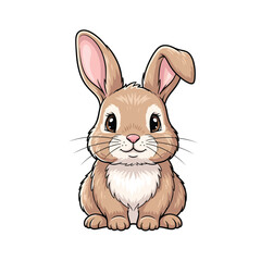 Fototapeta premium Adorable Cartoon Bunny Rabbit with Brown Fur and Big Eyes Sitting and Smiling on White Background