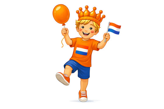 King's Day Dutch boy with orange balloon and flag, Netherlands celebration child character
