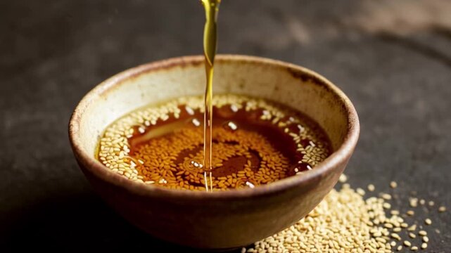 Sesame oil pouring into bowl with sesame seeds healthy natural cooking ingredient traditional asian food preparation golden edible oil macro close up organic nutrition concept rustic kitchen backgroun