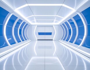 Obraz premium White futuristic corridor with blue window panels and a shiny floor reflects the overhead lighting