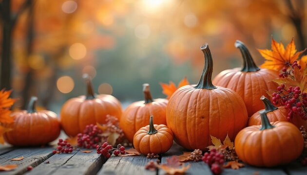 Autumn pumpkins arranged on wooden table with red berries and fall leaves. Season harvest celebration with gourds on rustic surface, soft warm light. Thanksgiving fall background.