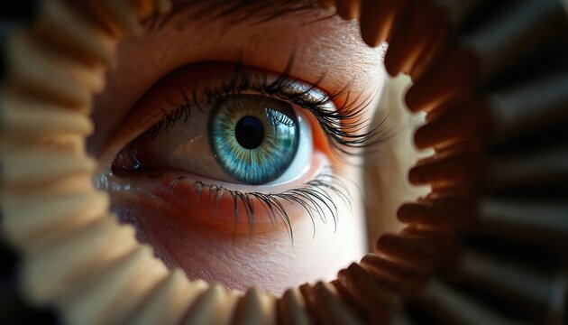 Close-up blue eye with detailed iris seen through corrugated frame. Eyelashes frame vision focal point. Abstract art perception concept. Macro detail.