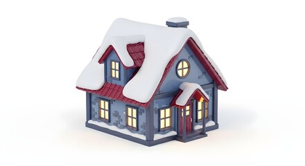 A charming snow covered cottage with a red roof and glowing windows evokes a cozy winter scene