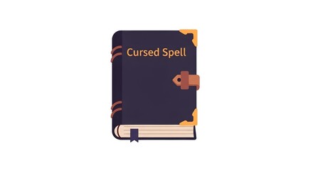 A dark purple book labeled cursed spell rests closed with a bookmark visible