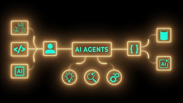 AI agents concept on the black background. Connected artificial intelligence icons and data flow, autonomous workflow, multi agent system. 4k video animation.