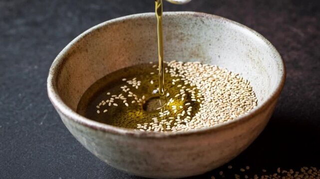 Sesame seeds in ceramic bowl with pouring golden oil macro close up. Healthy organic sesame oil cooking ingredient flowing into rustic dish, natural nutrition food preparation concept, vegetarian vega