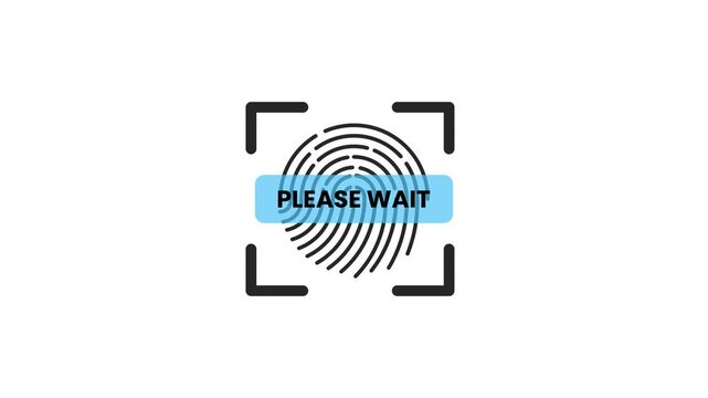 Fingerprint scan in a square with please wait text animation isolated on white background