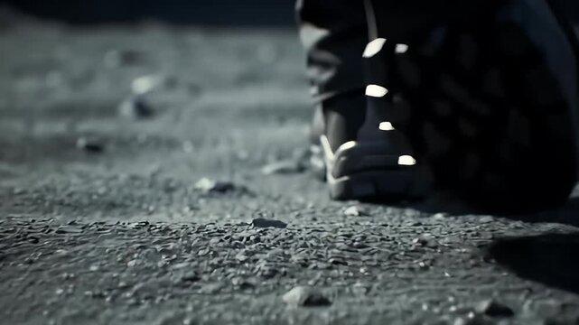 Close-up of a black boot standing on a gray rocky surface, low-angle perspective