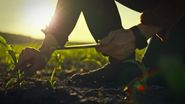 Farmer inspects young corn stalks in lush field, recording observations on electronic agronomy tablet, demonstrating modern agriculture practices for optimal crop yield harvest quality in corn farming